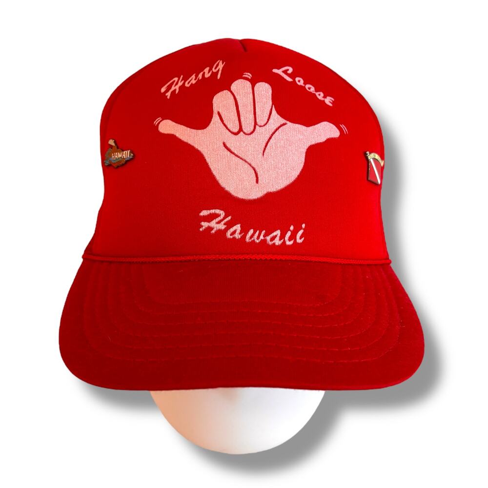 Hawaii Hang Loose Shaka Trucker Hat Red Mesh Snapback Surf Beach Vintage 80s
